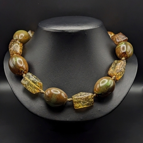 CERAMIC Earth Toned and Acrylic Flecked Glitter Bead Necklace - Picture 1 of 7